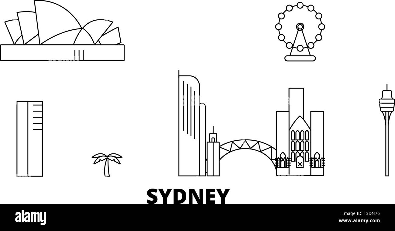 L'Australie, Sydney City skyline voyages en ligne. L'Australie, Sydney City ville contour vector illustration, symbole de voyage, sites touristiques, monuments. Illustration de Vecteur