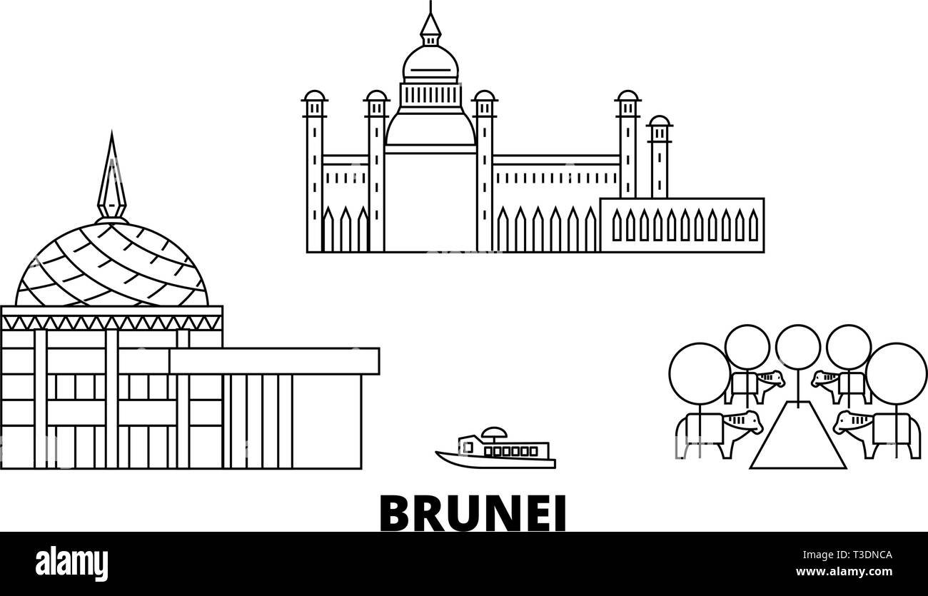 Ligne d'horizon voyage Brunei. Brunei contours city vector illustration, symbole de voyage, sites touristiques, monuments. Illustration de Vecteur