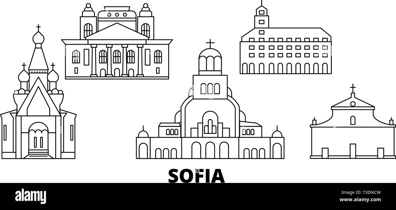 Bulgarie, Sofia skyline voyages en ligne. Bulgarie, Sofia contours city vector illustration, symbole de voyage, sites touristiques, monuments. Illustration de Vecteur