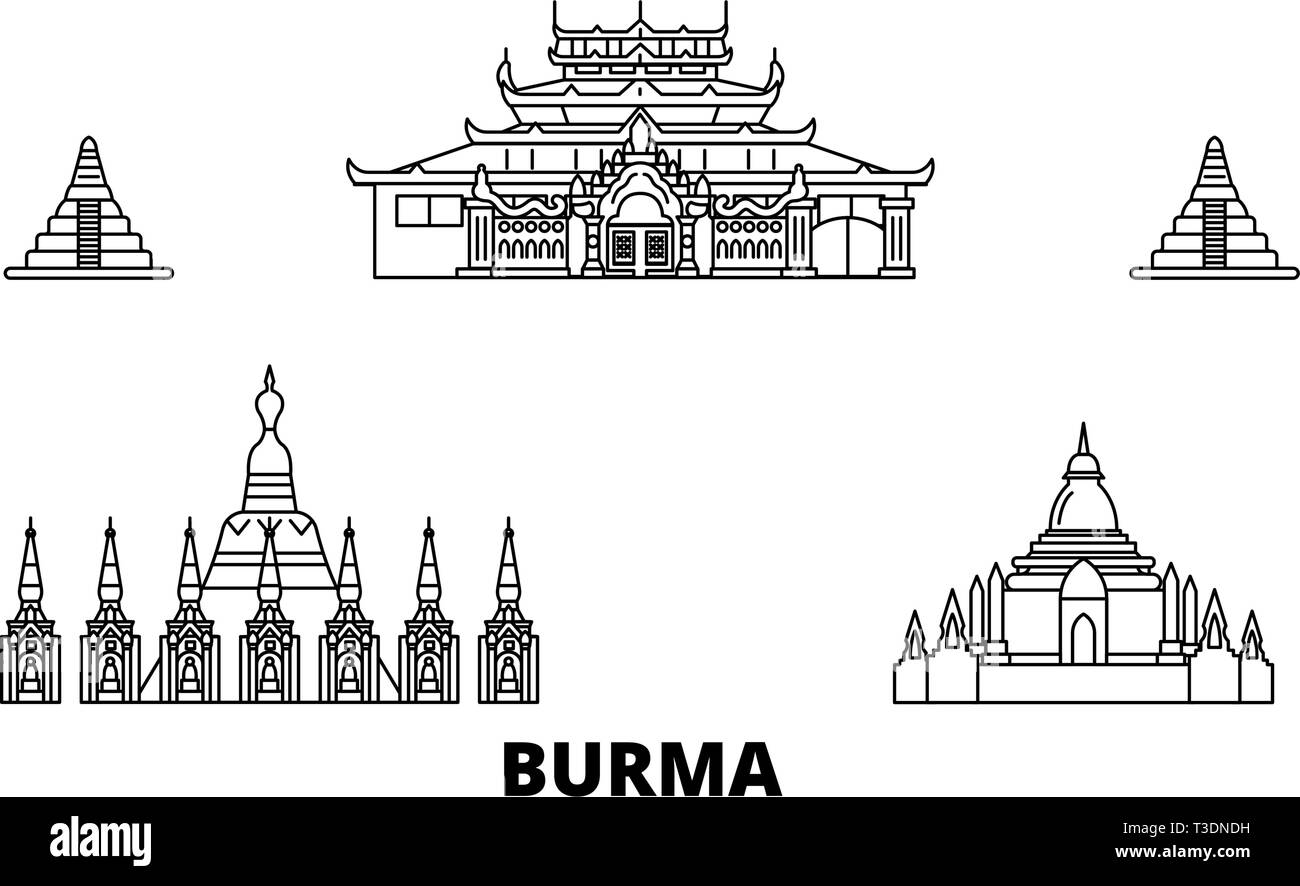 Ligne d'horizon de la Birmanie voyage ensemble. Birmanie contours city vector illustration, symbole de voyage, sites touristiques, monuments. Illustration de Vecteur