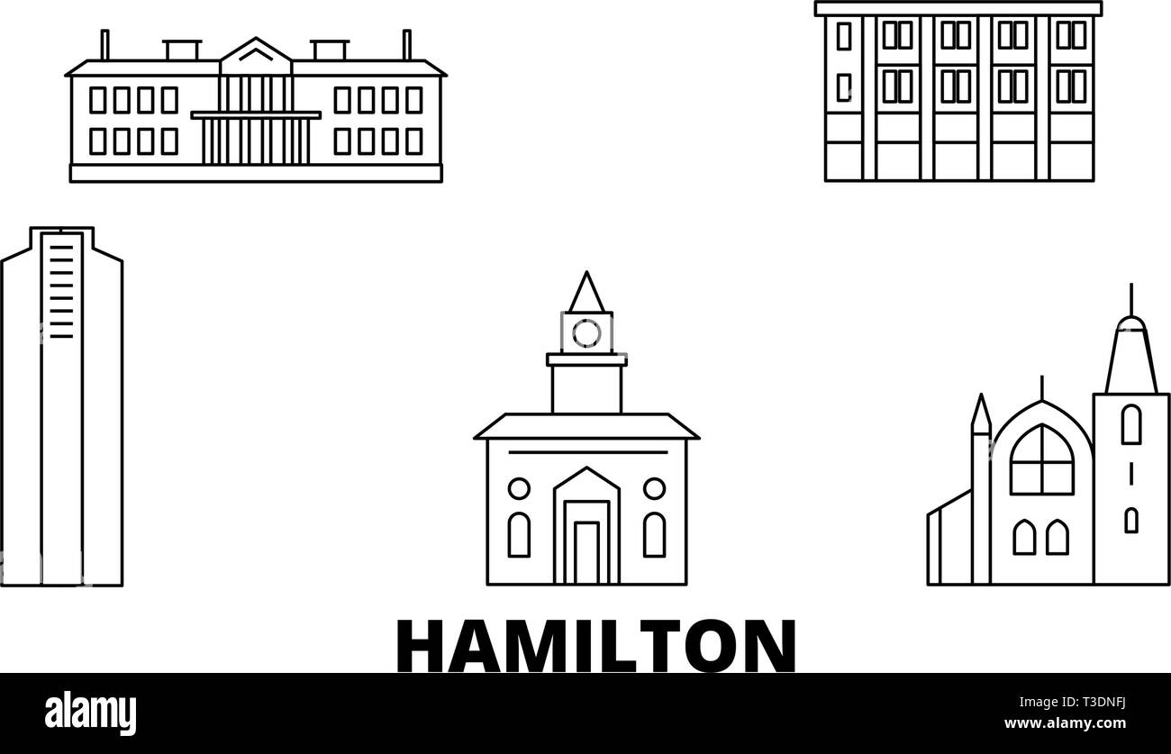 Hamilton, Canada voyage ligne jeu skyline. Canada, Hamilton contours city vector illustration, symbole de voyage, sites touristiques, monuments. Illustration de Vecteur