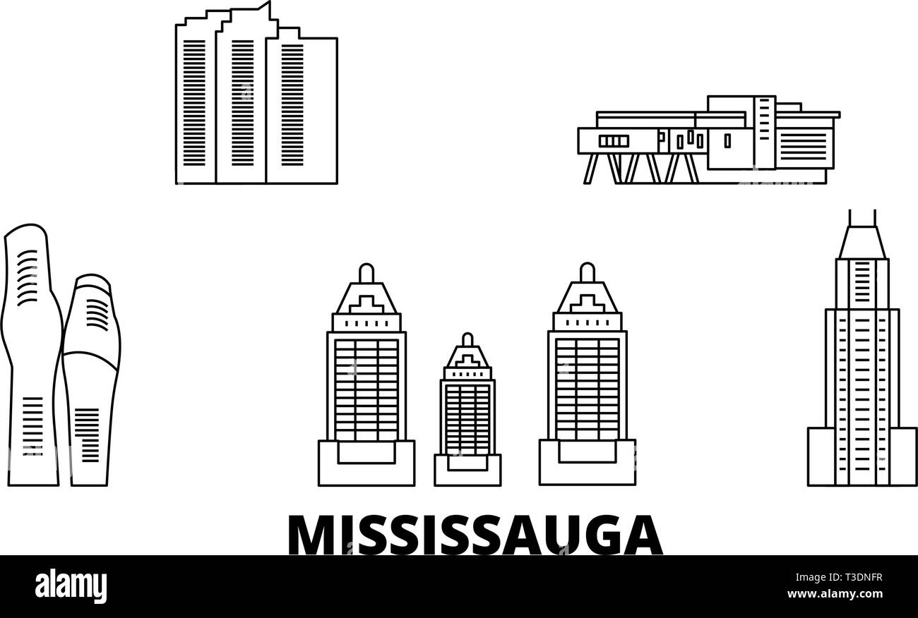 Mississauga, Canada voyage ligne jeu skyline. Canada, Mississauga contours city vector illustration, symbole de voyage, sites touristiques, monuments. Illustration de Vecteur