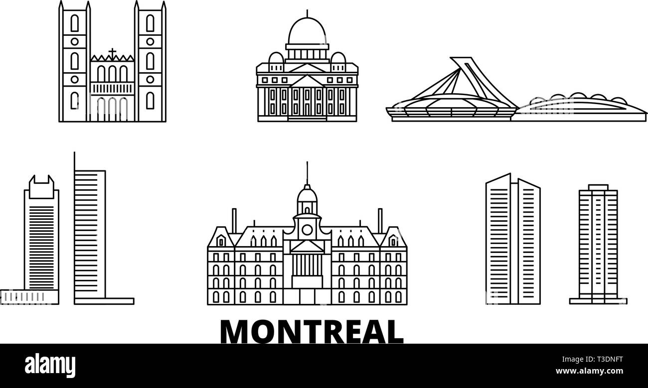 Canada, de voyages en ligne de Montréal. skyline Canada Montréal, ville contour vector illustration, symbole de voyage, sites touristiques, monuments. Illustration de Vecteur