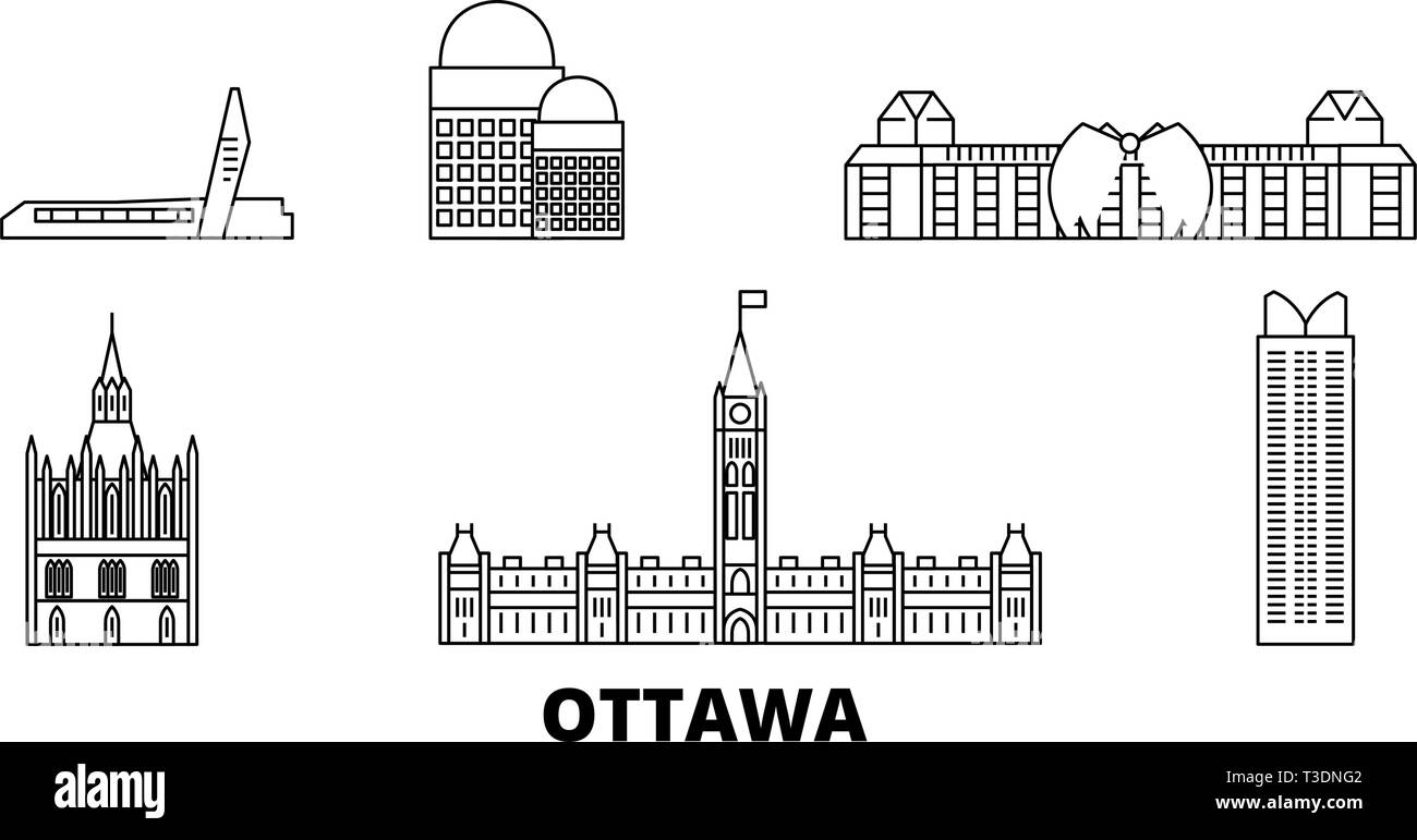 Canada, Ottawa skyline voyages en ligne. Canada, Ottawa ville contour vector illustration, symbole de voyage, sites touristiques, monuments. Illustration de Vecteur