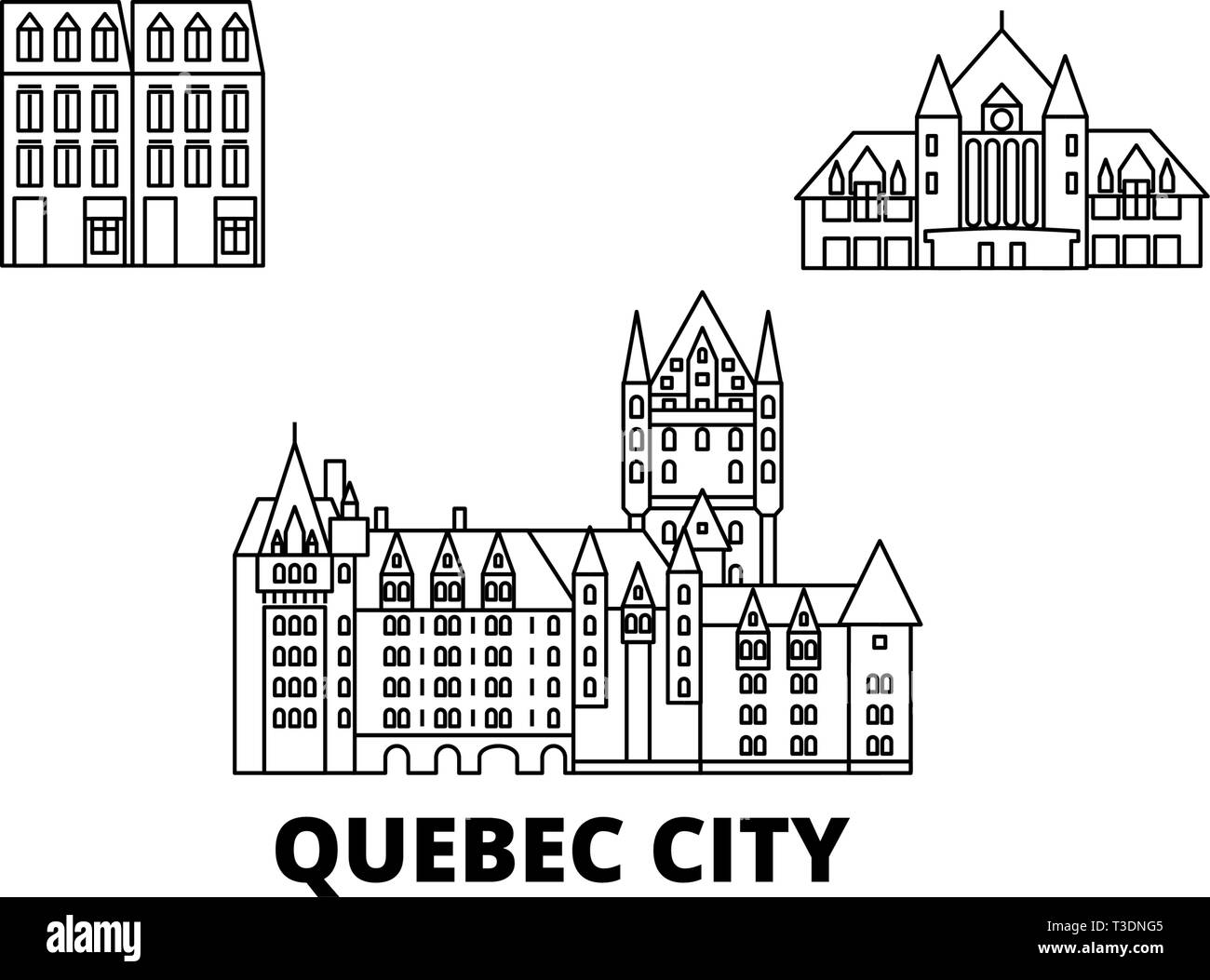 Canada, Québec City skyline voyages en ligne. Canada, Québec ville contour vector illustration, symbole de voyage, sites touristiques, monuments. Illustration de Vecteur