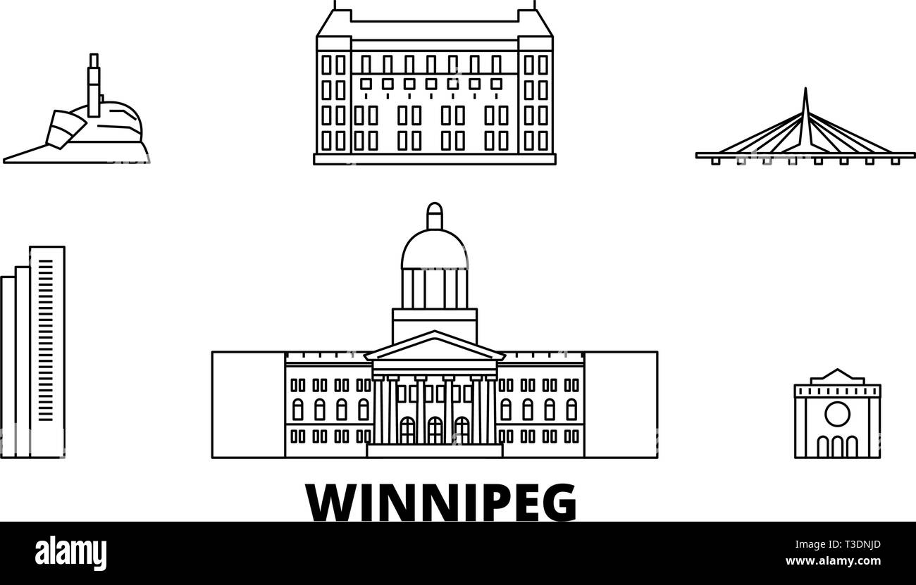 Winnipeg, Canada voyage ligne. set skyline Canada, Winnipeg ville contour vector illustration, symbole de voyage, sites touristiques, monuments. Illustration de Vecteur