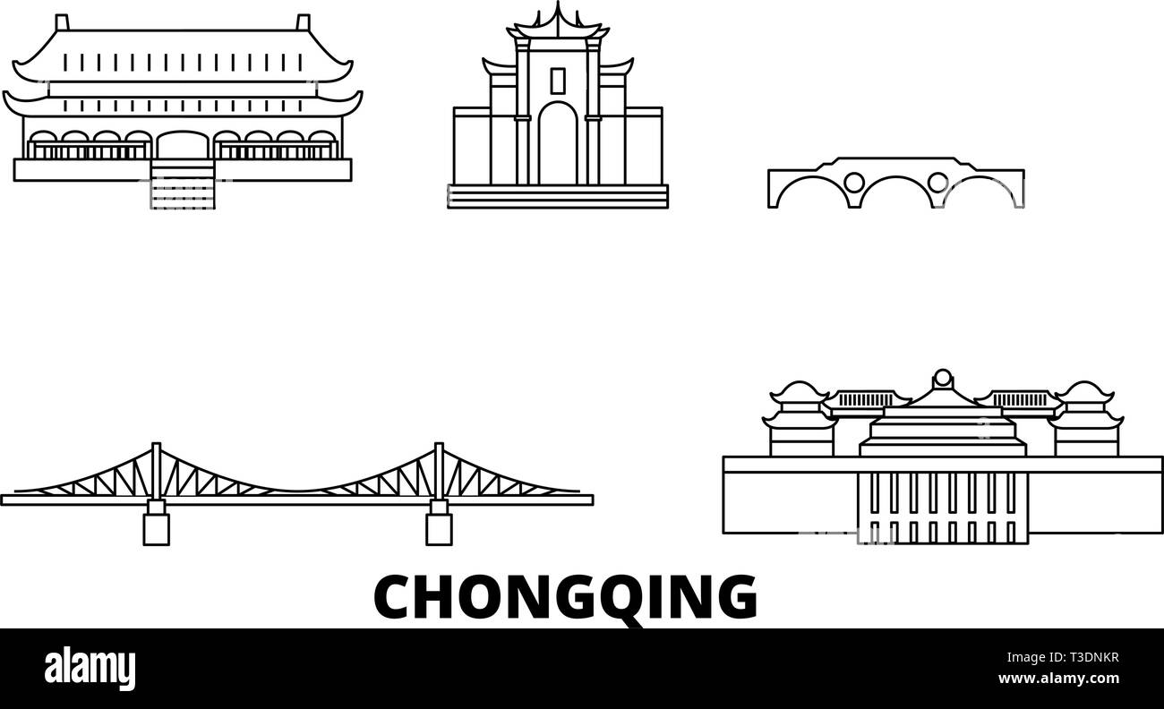 La Chine, Chongqing skyline voyages en ligne. La Chine, Chongqing ville contour vector illustration, symbole de voyage, sites touristiques, monuments. Illustration de Vecteur
