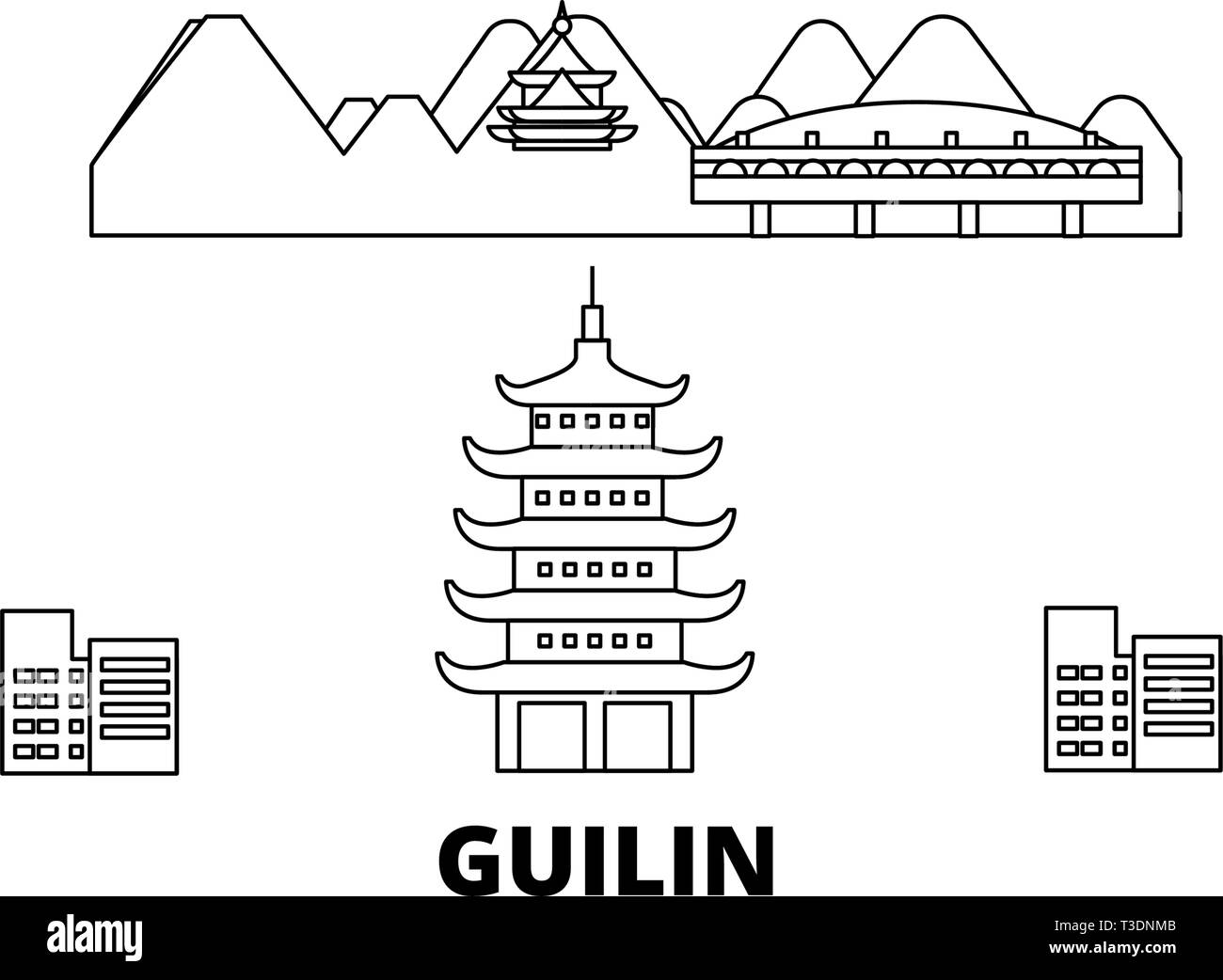 Chine, Guilin voyage ligne jeu skyline. Chine, Guilin contours city vector illustration, symbole de voyage, sites touristiques, monuments. Illustration de Vecteur