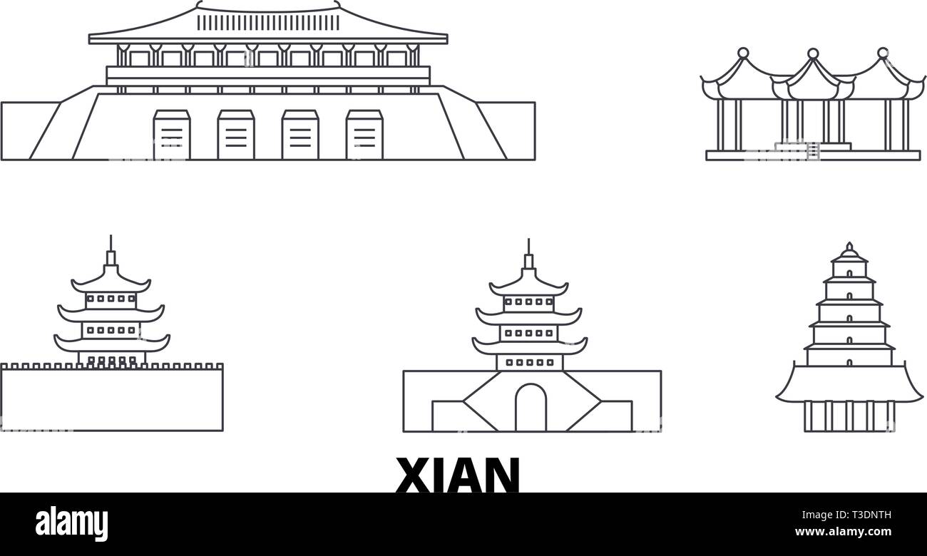 La Chine, Xian voyage ligne jeu skyline. La Chine, Xian contours city vector illustration, symbole de voyage, sites touristiques, monuments. Illustration de Vecteur