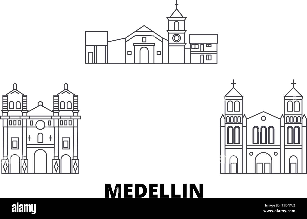 La Colombie, Medellin skyline voyages en ligne. La Colombie, Medellin contours city vector illustration, symbole de voyage, sites touristiques, monuments. Illustration de Vecteur