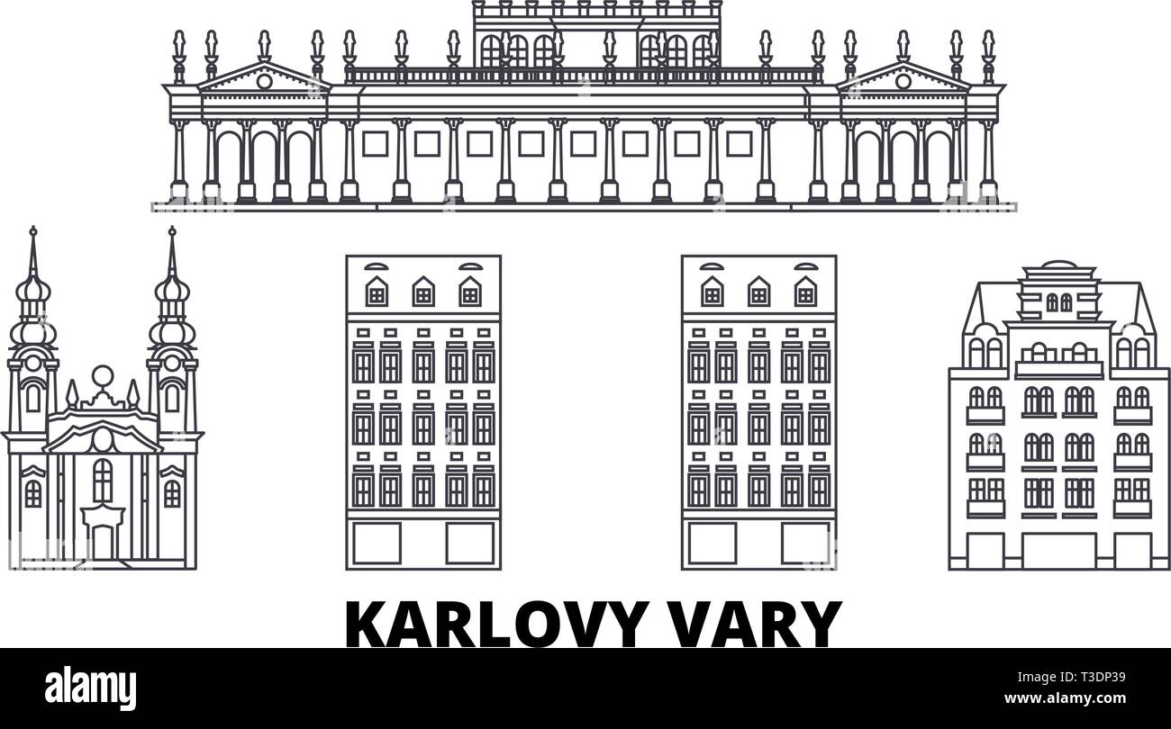 République tchèque, Karlovy Vary skyline voyages en ligne. République tchèque, Karlovy Vary ville contour vector illustration, symbole de voyage, sites touristiques, monuments. Illustration de Vecteur