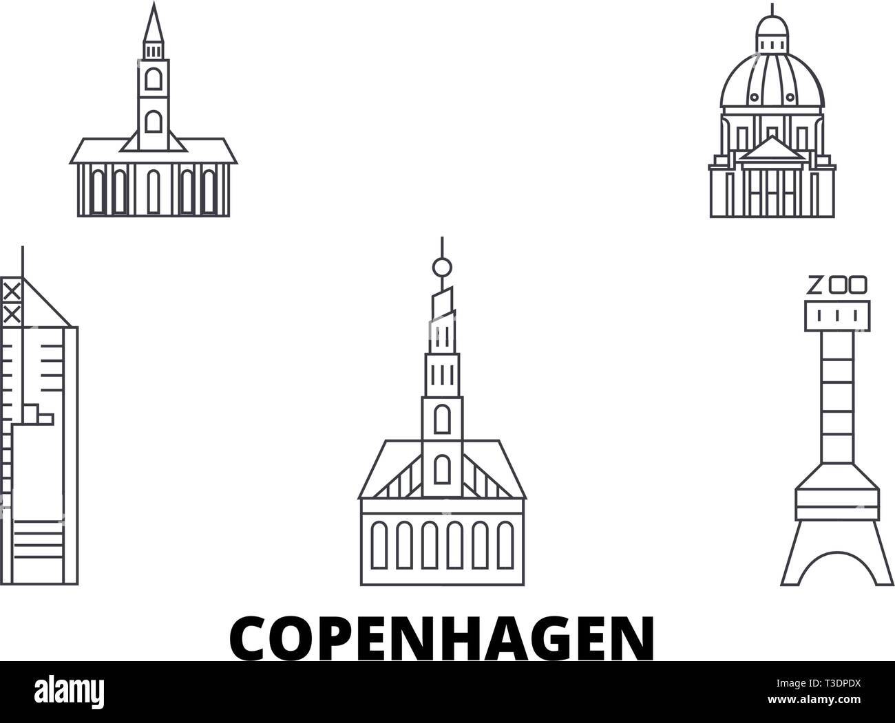 Danemark, copenhague City skyline voyages en ligne. Danemark, copenhague Ville Ville contour vector illustration, symbole de voyage, sites touristiques, monuments. Illustration de Vecteur