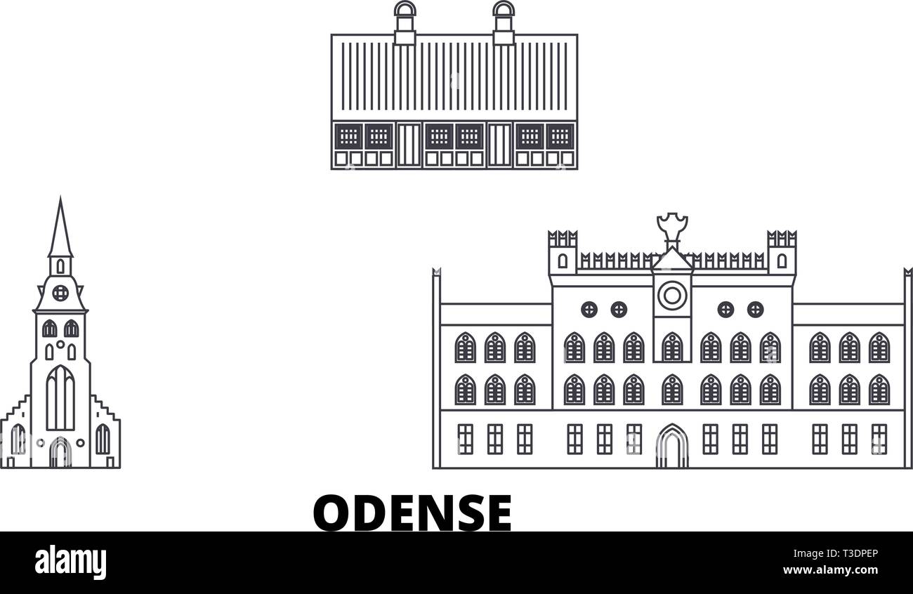 Le Danemark, Odense skyline voyages en ligne. Le Danemark, Odense contours city vector illustration, symbole de voyage, sites touristiques, monuments. Illustration de Vecteur