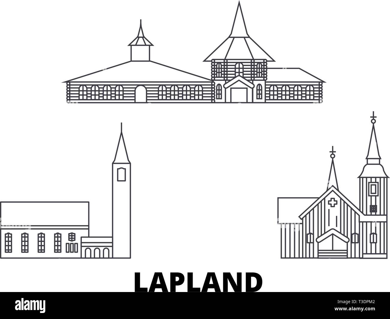 La Finlande, Laponie voyage en ligne jeu skyline. La Finlande, la Laponie, contours d'illustration vectorielle, symbole de la ville, sites touristiques, voyages, des repères. Illustration de Vecteur