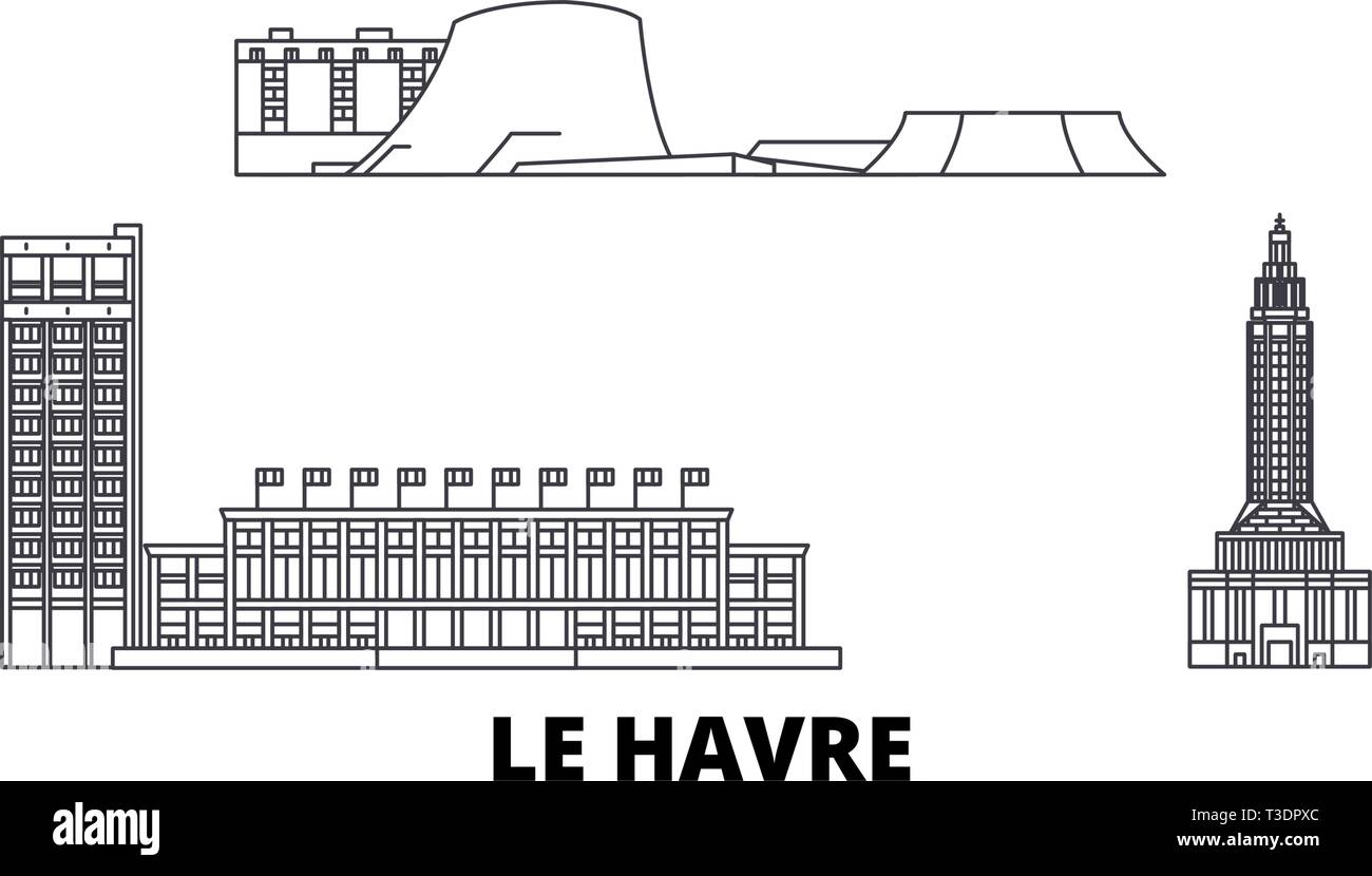 France, Le Havre ligne skyline set. France, Le Havre ville contour vector illustration, symbole de voyage, sites touristiques, monuments. Illustration de Vecteur