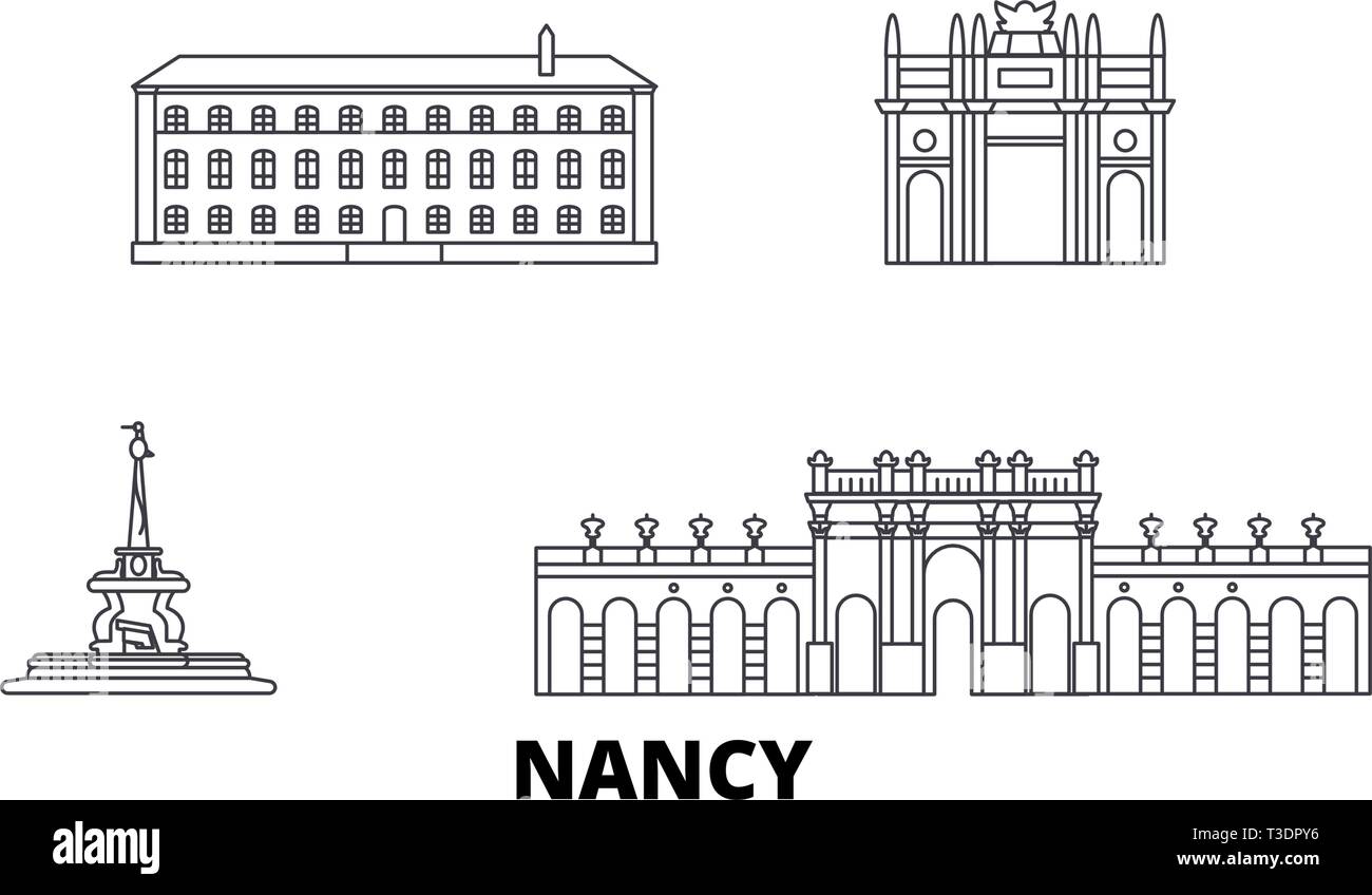 La France, Nancy ligne jeu skyline. La France, Nancy ville contour vector illustration, symbole de voyage, sites touristiques, monuments. Illustration de Vecteur