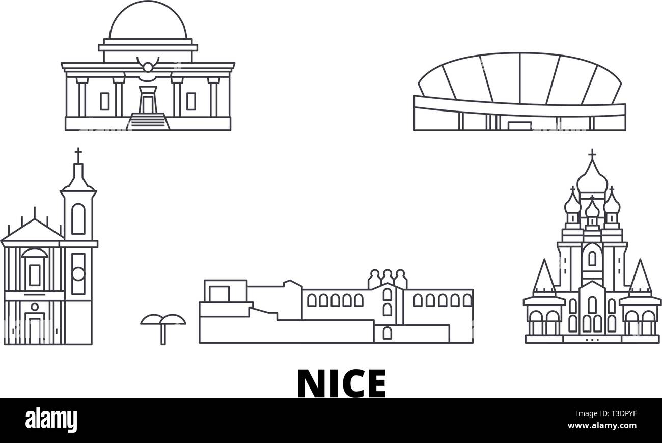 La France, Nice ligne skyline set. France, Nice ville contour vector illustration, symbole de voyage, sites touristiques, monuments. Illustration de Vecteur
