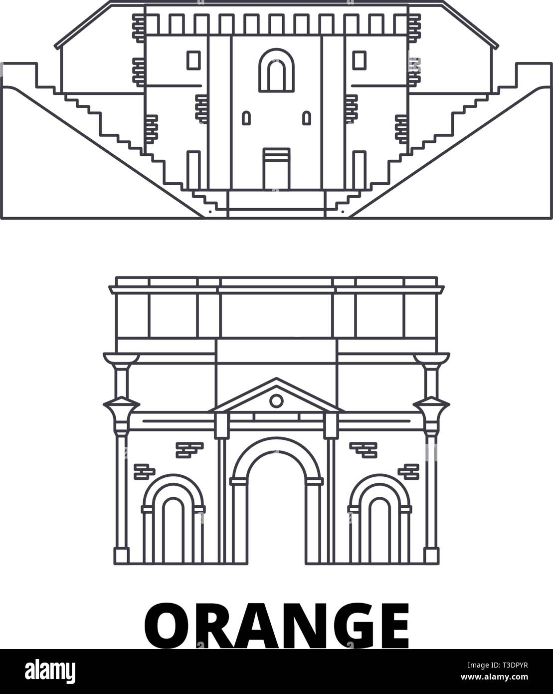 France, ligne Orange Travel skyline set. France, contour orange city vector illustration, symbole de voyage, sites touristiques, monuments. Illustration de Vecteur