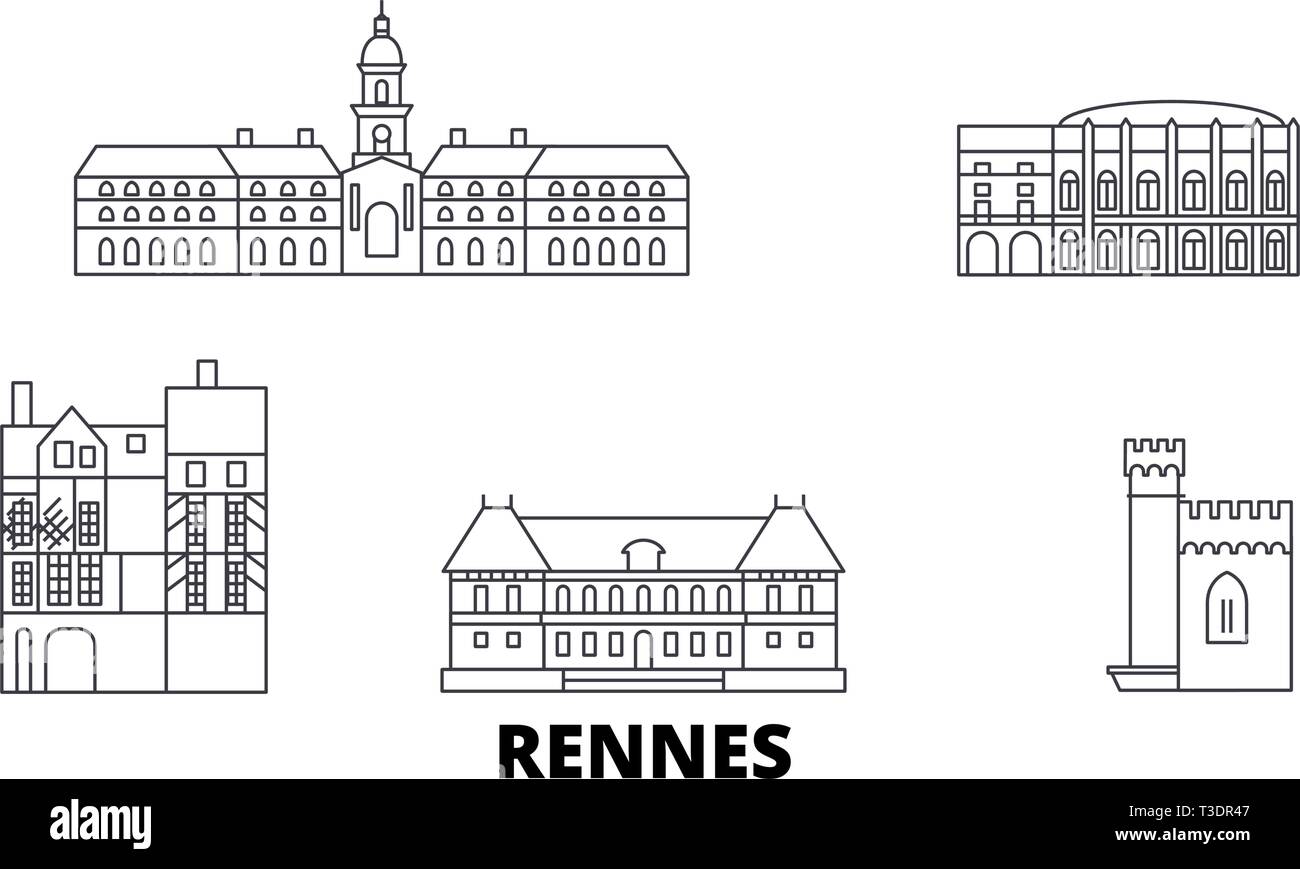 France, Rennes ligne jeu skyline. France, Rennes contours city vector illustration, symbole de voyage, sites touristiques, monuments. Illustration de Vecteur