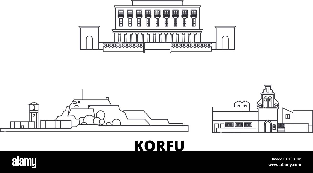 La Grèce, Korfu ligne skyline set. La Grèce, Korfu contours city vector illustration, symbole de voyage, sites touristiques, monuments. Illustration de Vecteur