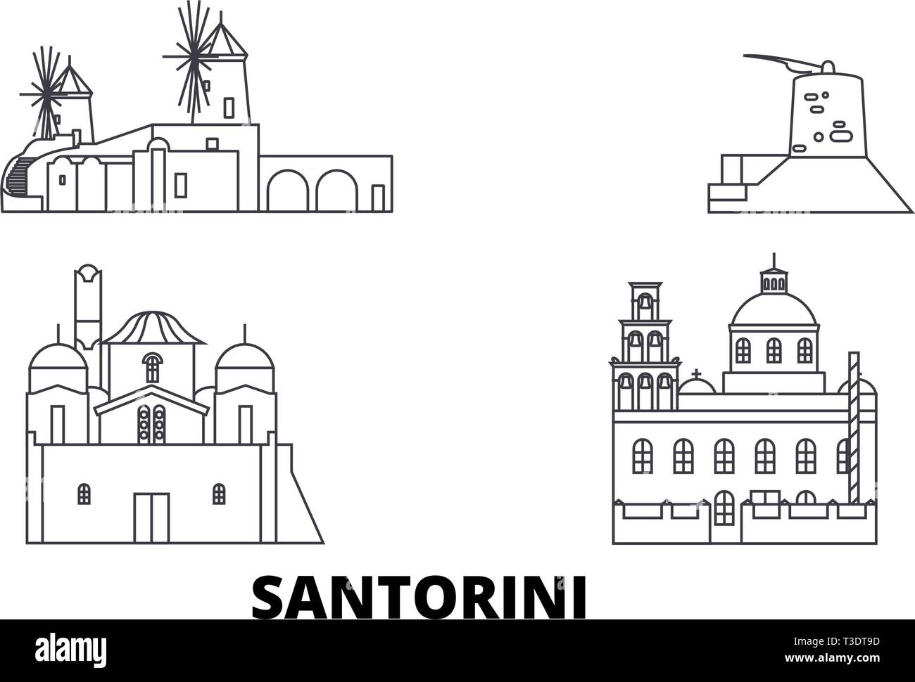 Grèce, Santorin voyage ligne jeu skyline. Grèce, Santorin contours city vector illustration, symbole de voyage, sites touristiques, monuments. Illustration de Vecteur