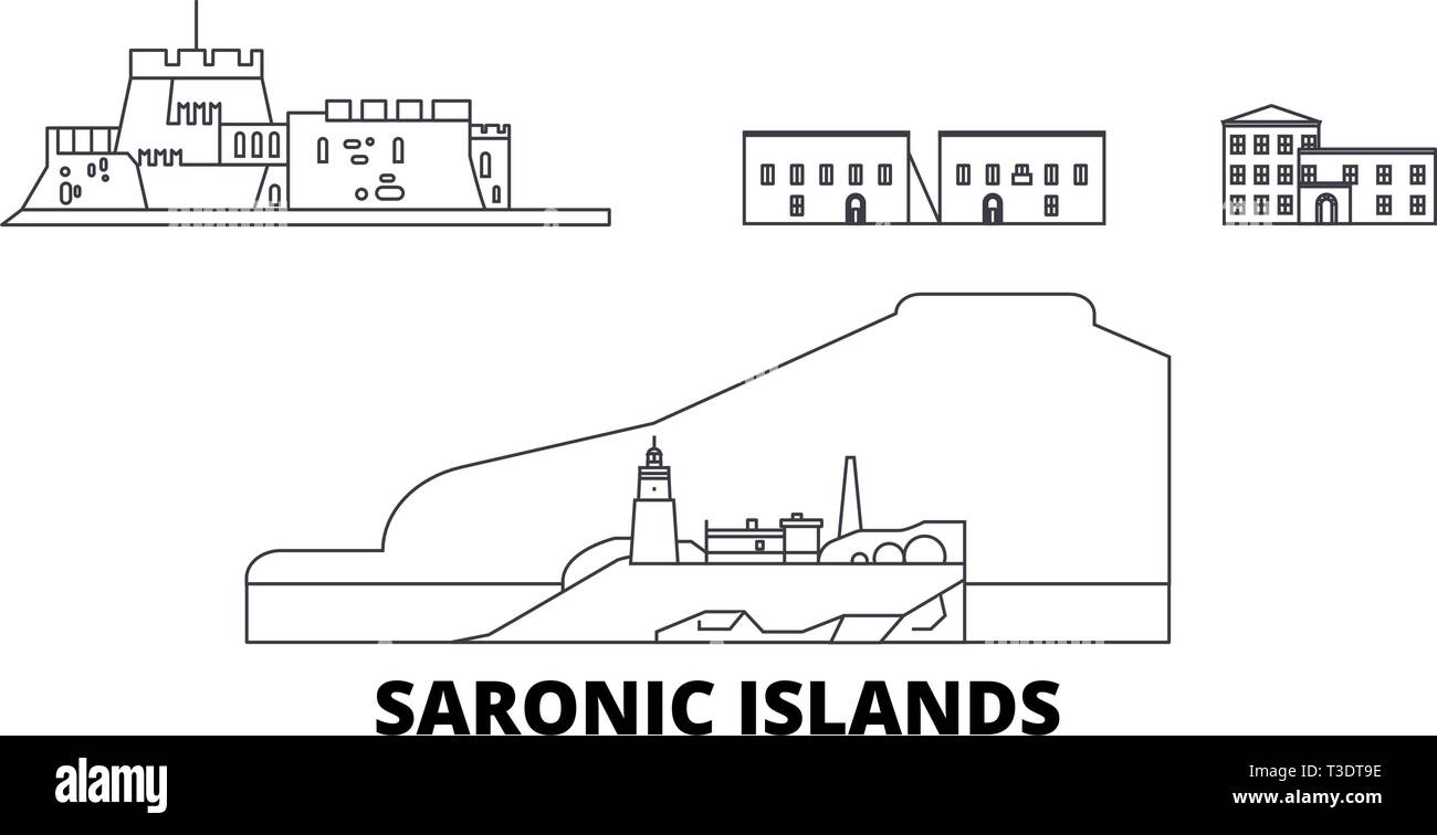 Grèce, Iles Saroniques skyline voyages en ligne. Grèce, Iles Saroniques contours city vector illustration, symbole de voyage, sites touristiques, monuments. Illustration de Vecteur