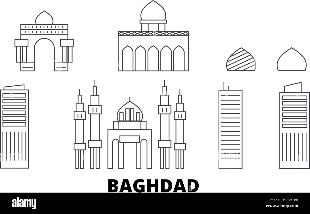 L'Iraq, Bagdad skyline voyages en ligne. L'Iraq, Bagdad contours city vector illustration, symbole de voyage, sites touristiques, monuments. Illustration de Vecteur