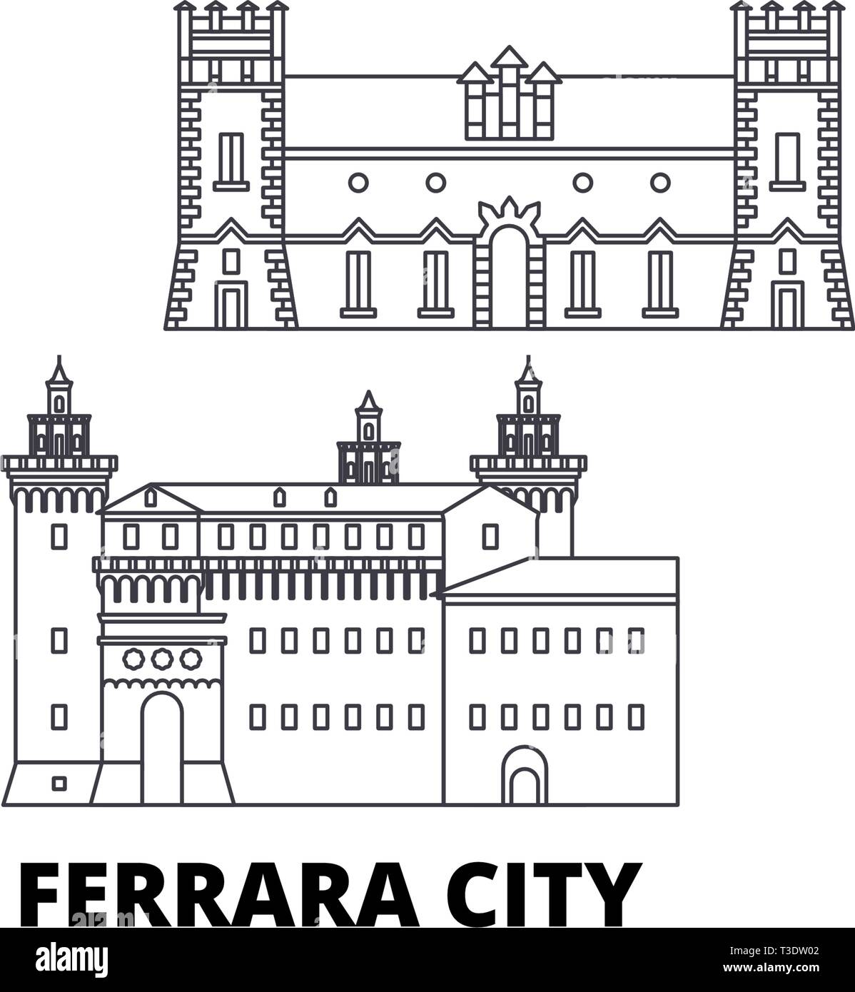 L'Italie, Ferrara City skyline voyages en ligne. L'Italie, Ferrara City ville contour vector illustration, symbole de voyage, sites touristiques, monuments. Illustration de Vecteur