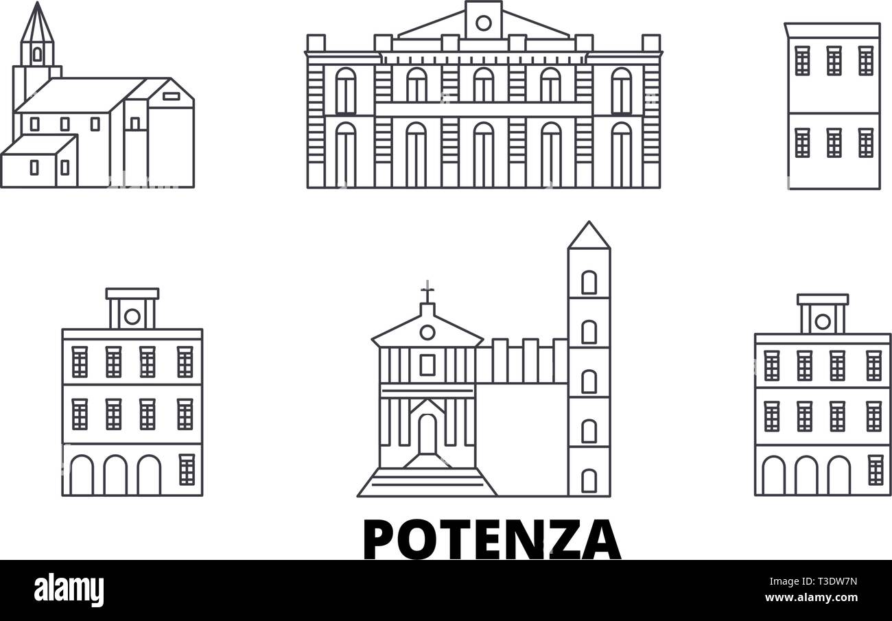 L'Italie, Potenza ligne skyline set. L'Italie, Potenza ville contour vector illustration, symbole de voyage, sites touristiques, monuments. Illustration de Vecteur
