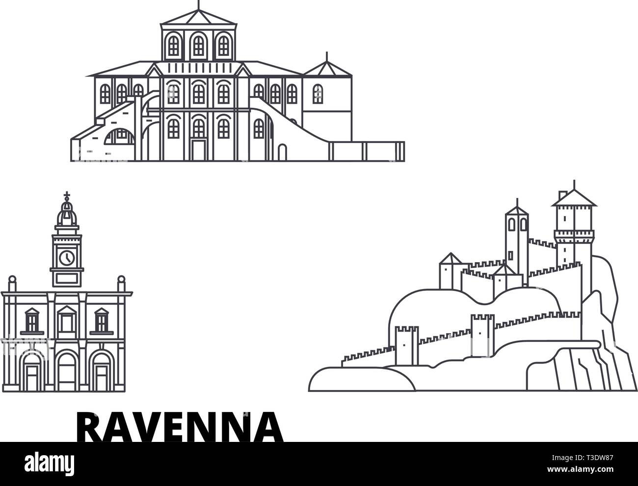 L'Italie, Ravenne voyages ligne jeu skyline. L'Italie, Ravenne ville contour vector illustration, symbole de voyage, sites touristiques, monuments. Illustration de Vecteur