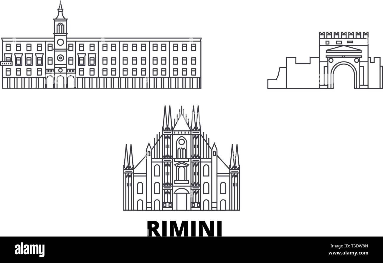 L'Italie, Rimini voyages ligne jeu skyline. L'Italie, Rimini contours city vector illustration, symbole de voyage, sites touristiques, monuments. Illustration de Vecteur