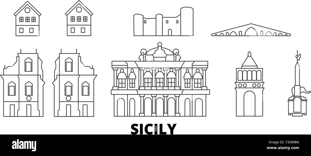 Italie, Sicile voyages ligne jeu skyline. Italie, Sicile ville contour vector illustration, symbole de voyage, sites touristiques, monuments. Illustration de Vecteur