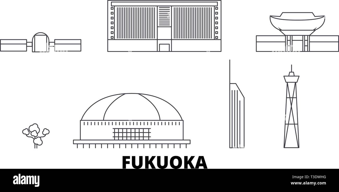Le Japon, Fukuoka voyages ligne jeu skyline. Le Japon, Fukuoka City contour vector illustration, symbole de voyage, sites touristiques, monuments. Illustration de Vecteur