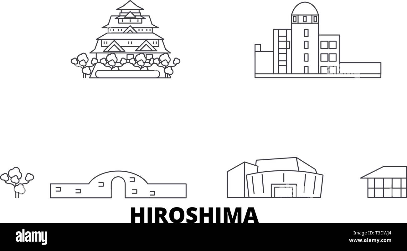 Le Japon, Hiroshima ligne jeu skyline. Le Japon, Hiroshima contours city vector illustration, symbole de voyage, sites touristiques, monuments. Illustration de Vecteur