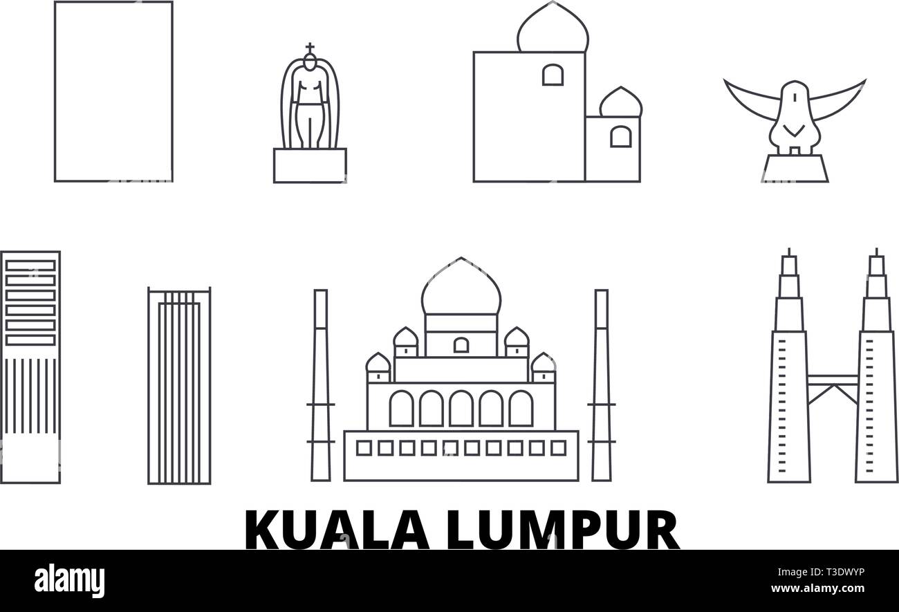 La Malaisie, Kuala Lumpur skyline voyages en ligne. La Malaisie, Kuala Lumpur ville contour vector illustration, symbole de voyage, sites touristiques, monuments. Illustration de Vecteur
