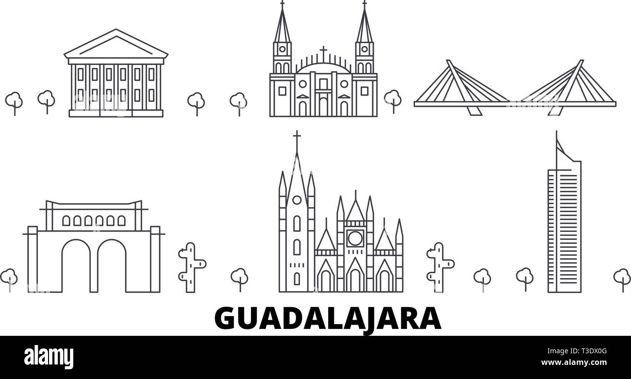 Mexique, Guadalajara skyline voyages en ligne. Le Mexique, Guadalajara contours city vector illustration, symbole de voyage, sites touristiques, monuments. Illustration de Vecteur