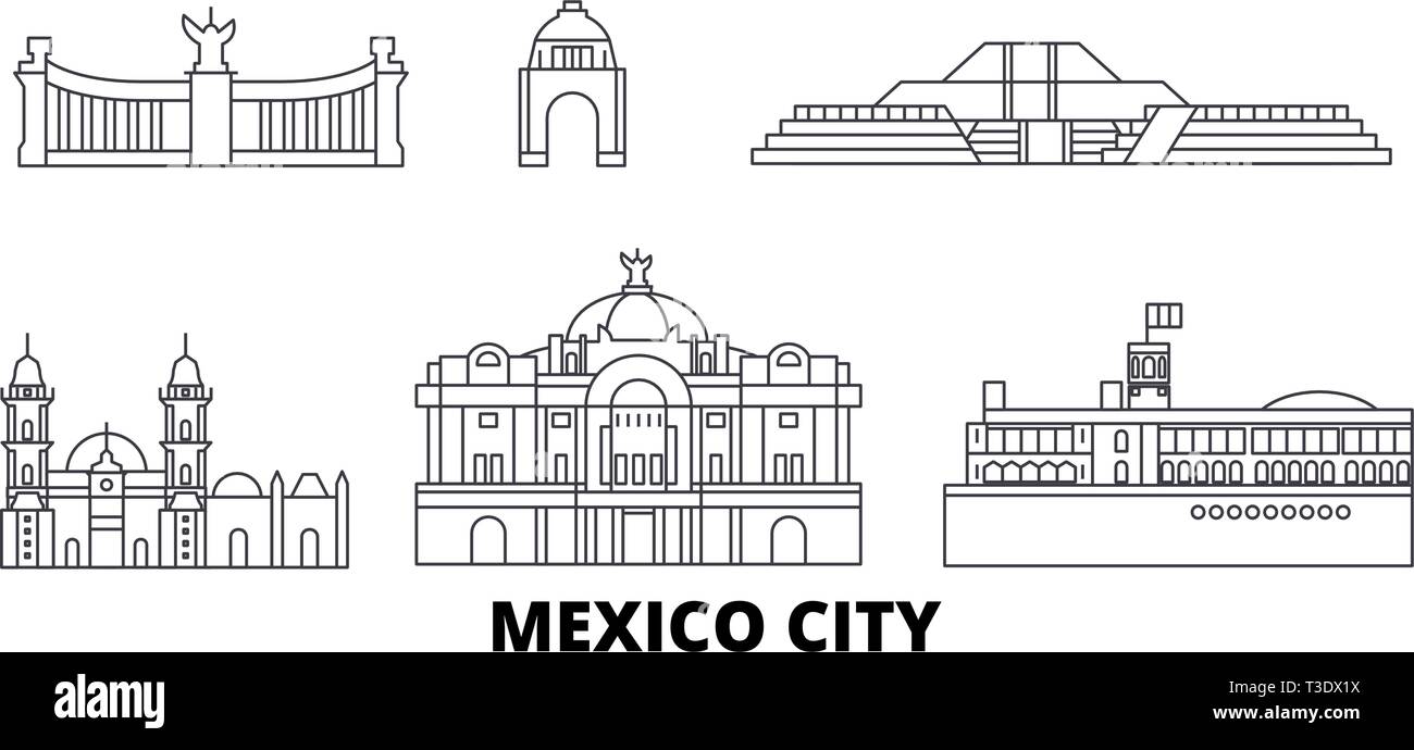 Le Mexique, le Mexique voyages ligne jeu skyline. Le Mexique, le Mexique contours city vector illustration, symbole de voyage, sites touristiques, monuments. Illustration de Vecteur