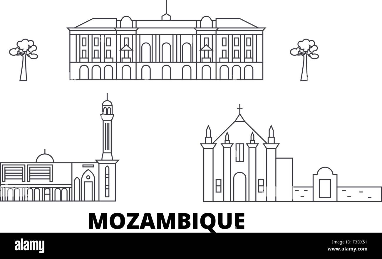Ligne d'horizon voyage au Mozambique. Mozambique contours city vector illustration, symbole de voyage, sites touristiques, monuments. Illustration de Vecteur