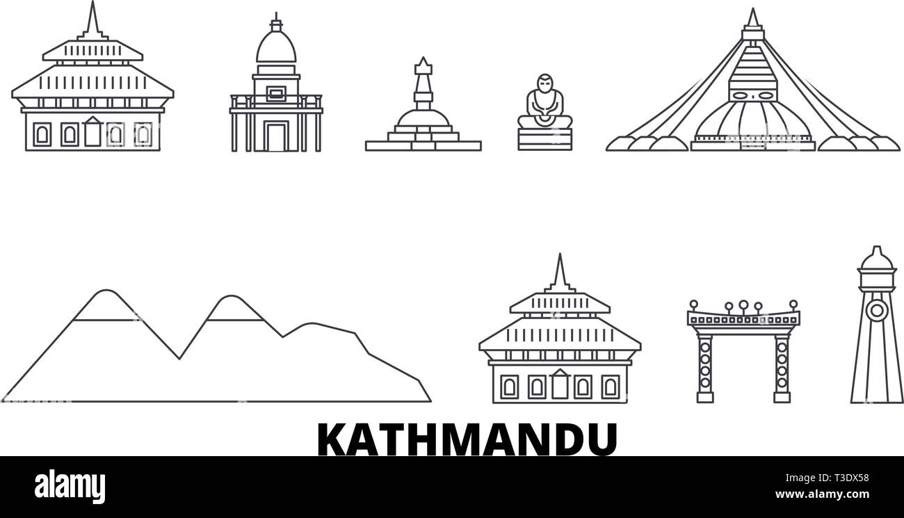 Népal, Katmandou skyline voyages en ligne. Népal, Katmandou contours city vector illustration, symbole de voyage, sites touristiques, monuments. Illustration de Vecteur