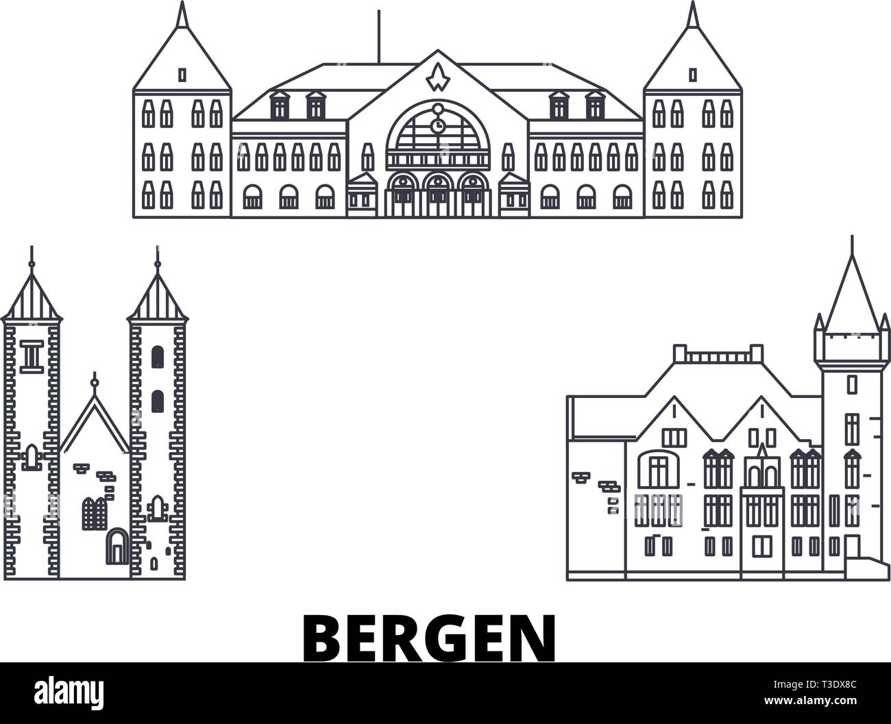La Norvège, Bergen voyage ligne. set skyline La Norvège, Bergen contours city vector illustration, symbole de voyage, sites touristiques, monuments. Illustration de Vecteur