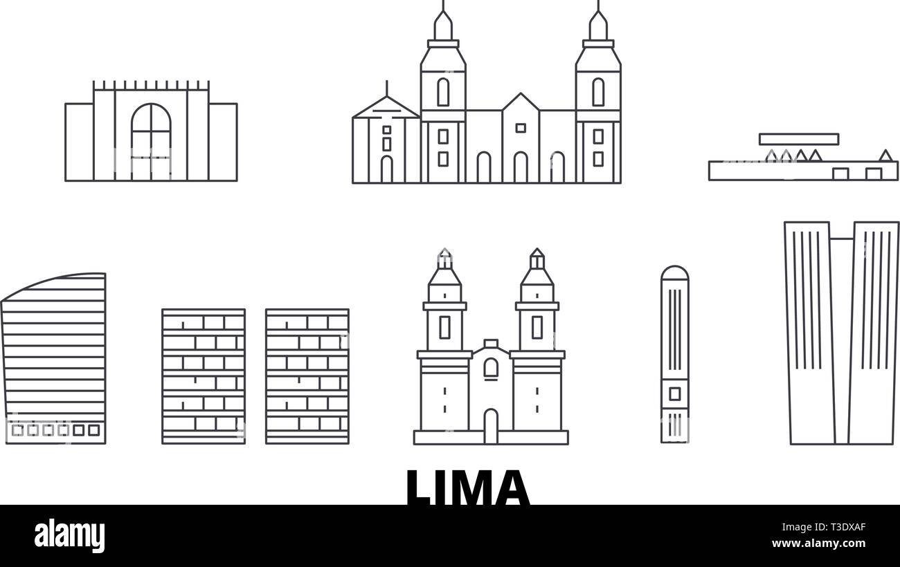 Pérou, Lima voyage ligne jeu skyline. Pérou, Lima ville contour vector illustration, symbole de voyage, sites touristiques, monuments. Illustration de Vecteur