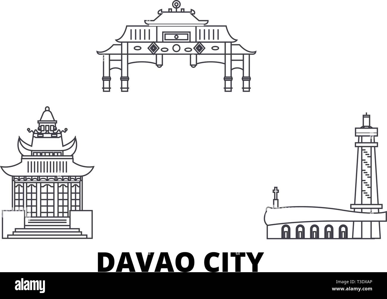 Philippines, Davao City skyline voyages en ligne. Philippines, Davao City contour vector illustration, symbole de voyage, sites touristiques, monuments. Illustration de Vecteur
