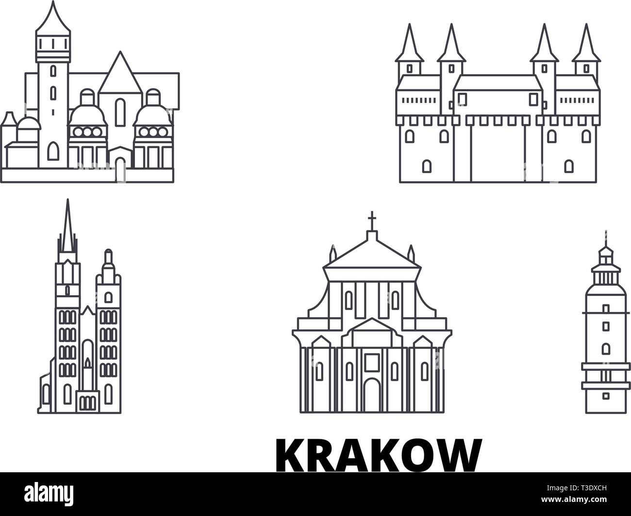 Pologne, Cracovie voyages ligne skyline set. Pologne, Cracovie contours city vector illustration, symbole de voyage, sites touristiques, monuments. Illustration de Vecteur