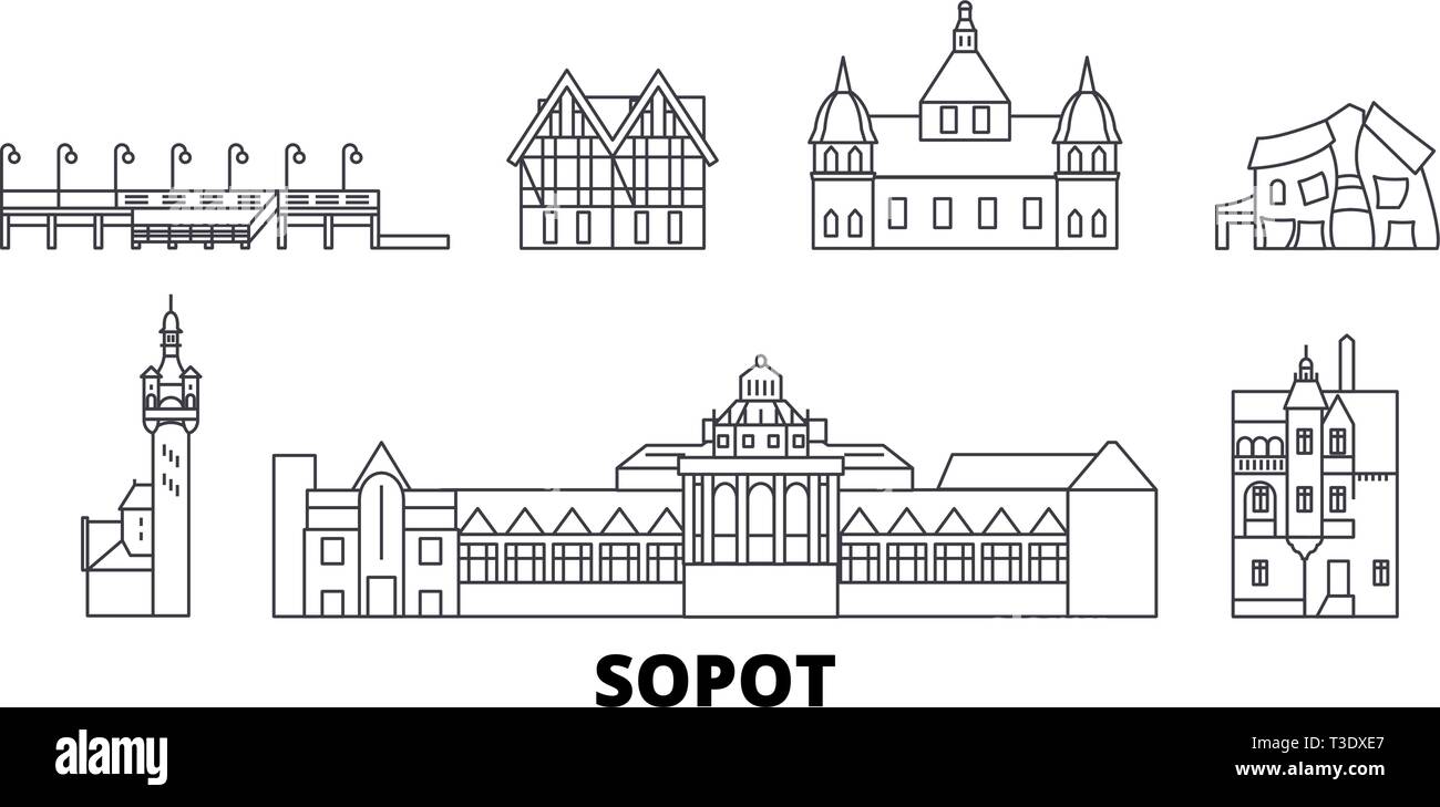 Pologne, Sopot skyline voyages en ligne. Pologne, Sopot contours city vector illustration, symbole de voyage, sites touristiques, monuments. Illustration de Vecteur