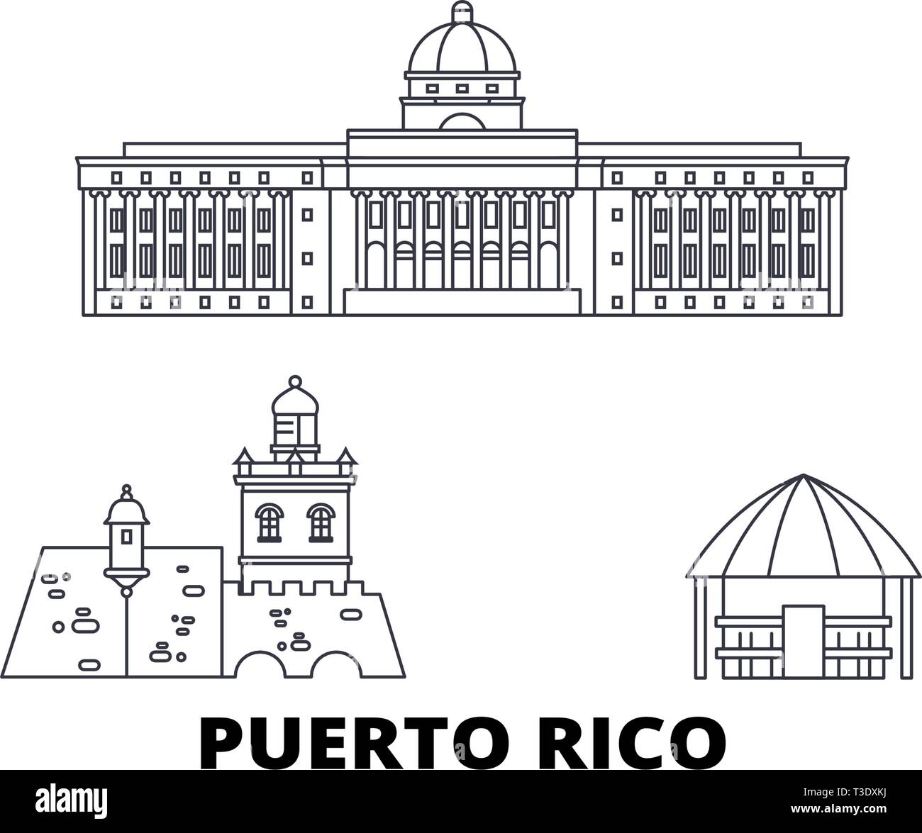 Porto Rico voyages ligne jeu skyline. Porto Rico ville contour vector illustration, symbole de voyage, sites touristiques, monuments. Illustration de Vecteur