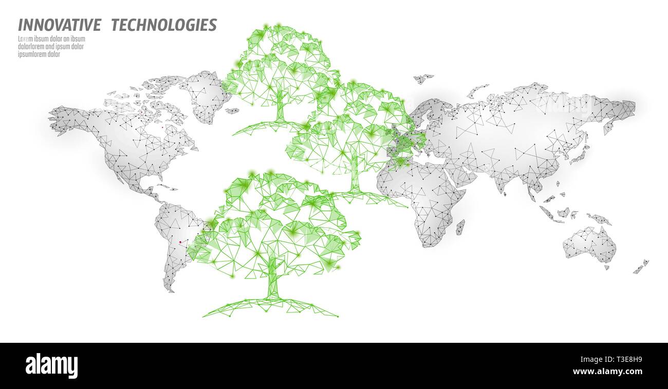 Sauvegarder l'écologie forestière résumé modèle de page. Rainforest Eco sécurité environnement vert soins des arbres sur la carte du monde polygonal 3d white background Illustration de Vecteur