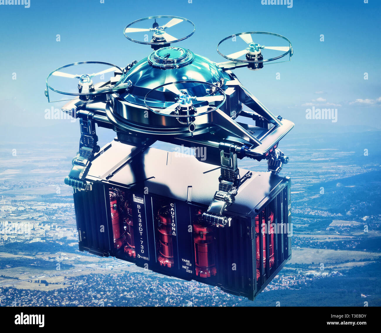 Drone sci-fi avec fret fret conteneurs battant au-dessus de ville de  l'avenir Photo Stock - Alamy