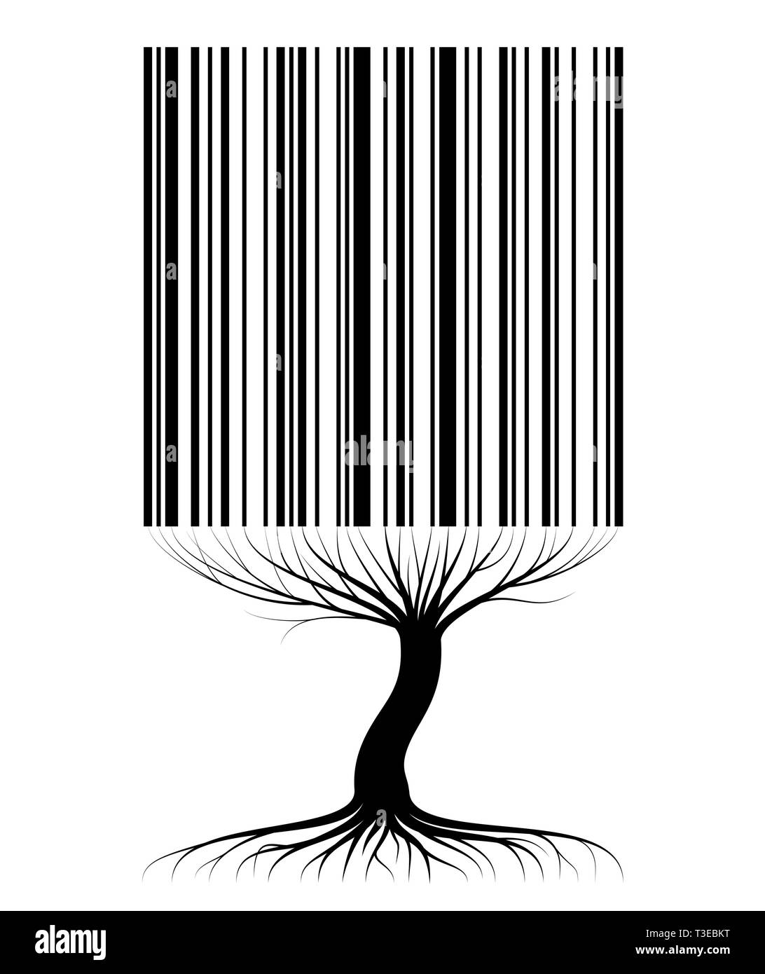 Abstract tree contour avec racines et branches semblables à un code à barres. Pour un article sur les ventes, l'entreprise ou l'écologie. Illustration de Vecteur