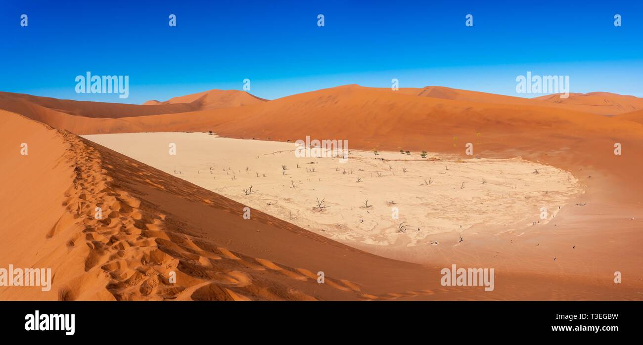 Deadvlei Sossusvlei, est un sel et de l'argile pan entouré de hautes dunes rouges, situé dans le désert du Namib, dans le Namib-Naukluft National Park, la Namibie. Banque D'Images