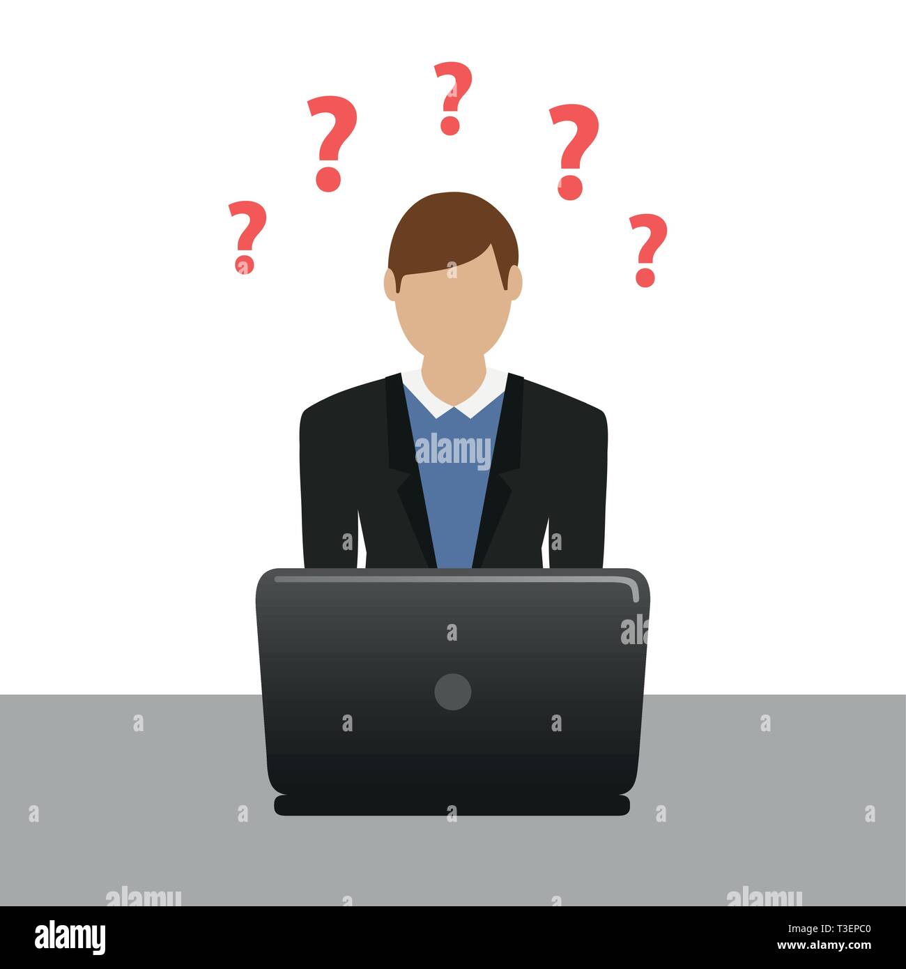 L'homme d'affaires sur l'ordinateur portable a beaucoup de questions illustration vecteur EPS10 Illustration de Vecteur